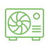 Grüne, vereinfachte Grafik einer Klimaanlage mit großem Lüfterrad und drei horizontalen Linien auf rechteckigem Gehäuse.