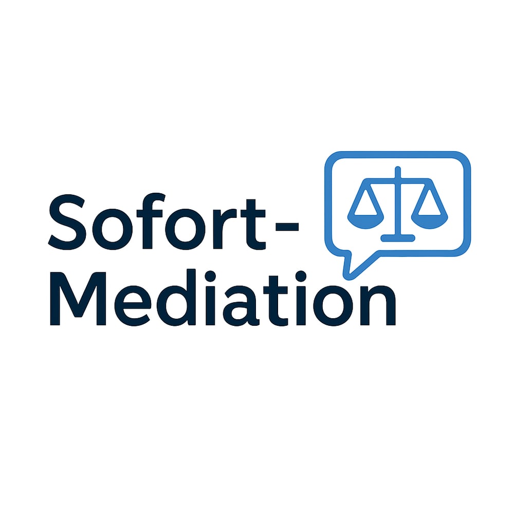 Text "Sofort-Mediation" neben einer blauen Sprechblase mit Waage-Symbol.