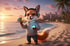 Fuchs mit Kopfhörern, der auf einem tropischen Strand Kreditkarten und ein Smartphone hält.