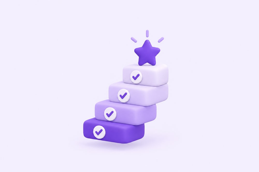 Illustration: Treppe aus Übungsstufen mit Haken und Stern