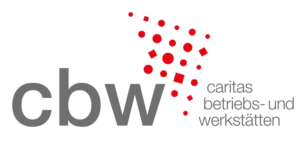 CBW caritas betriebs- und werkstätten Logo mit roten Punkten und Quadraten.