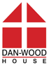 Rotes Hauslogo mit weißem Kreuz und schwarzem Text "DAN-WOOD HOUSE".