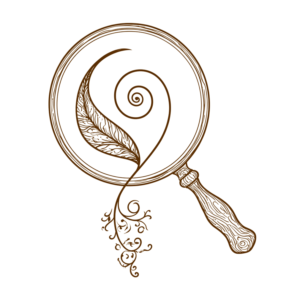 Lupe mit Blatt, Spirale und Wurzeln
