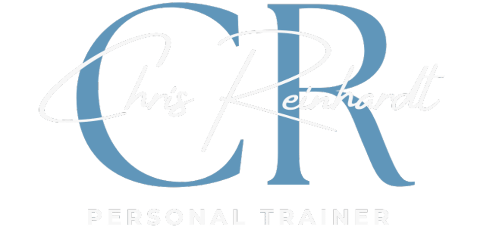 Logo: Blaue Initialen „CR“ mit weißem Schriftzug „Chris Reinhardt“ und darunter „PERSONAL TRAINER“ auf grünem Hintergrund.