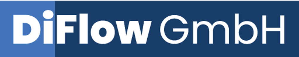 Unternehmenslogo der DiFlow GmbH in weißer Schrift auf zweifarbig blauem Hintergrund.