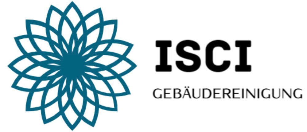 Logo der ISCI Gebäudereinigung mit einer blaugrünen, geometrischen Blütenform neben dem schwarzen Firmennamen.