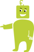 Grüne Zeichentrickfigur mit Eurozeichen als Antenne, lächelt und zeigt nach links.