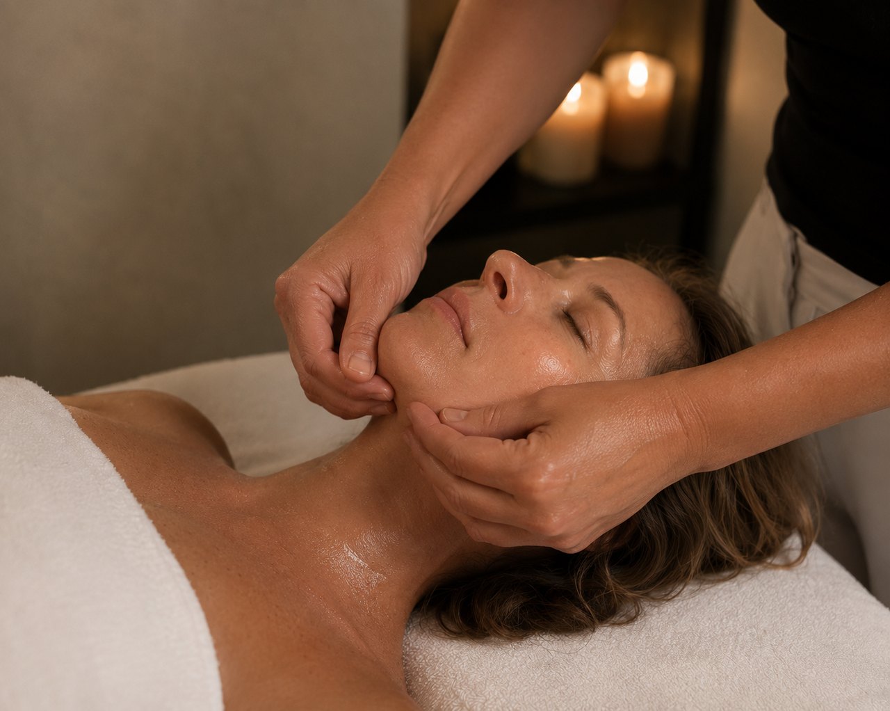 Manuelle Grifftechnik im Gesicht einer Kundin während der japanischen Gesichtsmassage im SWON Studio in Pforzheim