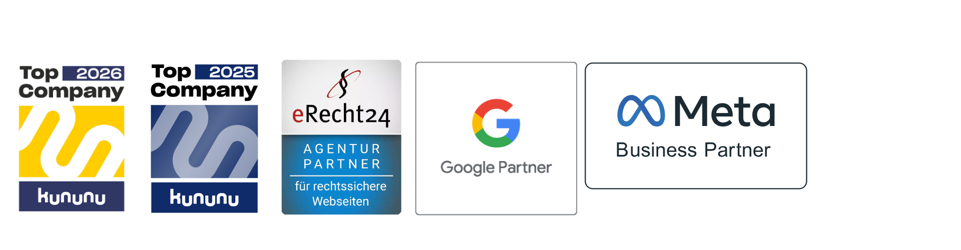 Auszeichnungen: kununu Top Company, Google Partner, Meta Business Partner, eRecht24