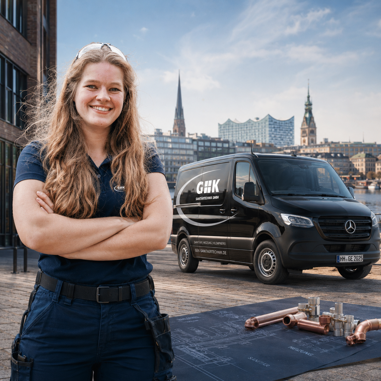 G+K Mitarbeiterin in Hamburg mit Firmentransporter