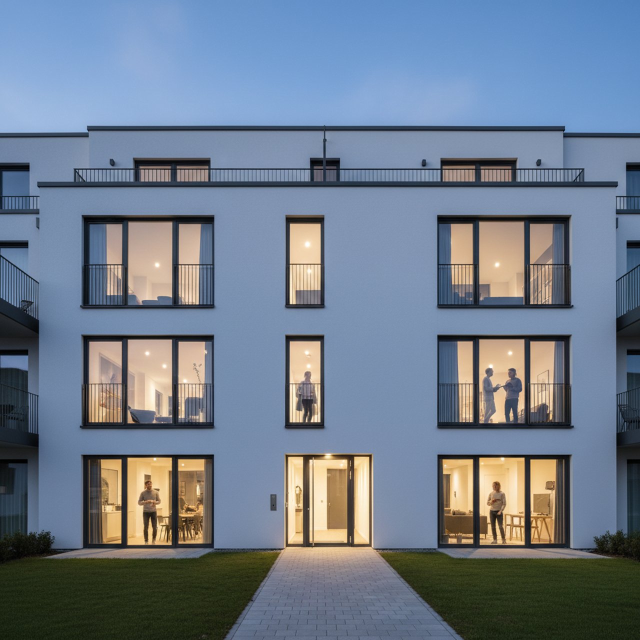 Moderne Wohnimmobilie in der Abenddämmerung – betreut von unserer Hausverwaltung