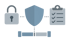A padlock, shield, and clipboard with checkboxes connected by lines above the text "SYSTEMHÄRTUNG & COMPLIANCE".