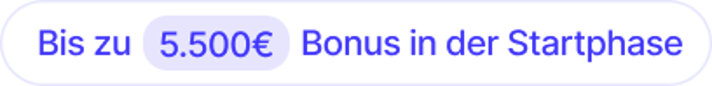 Blauer Text auf dunkelgrünem Hintergrund: "Bis zu 50.000 Bonus in der Startphase".
