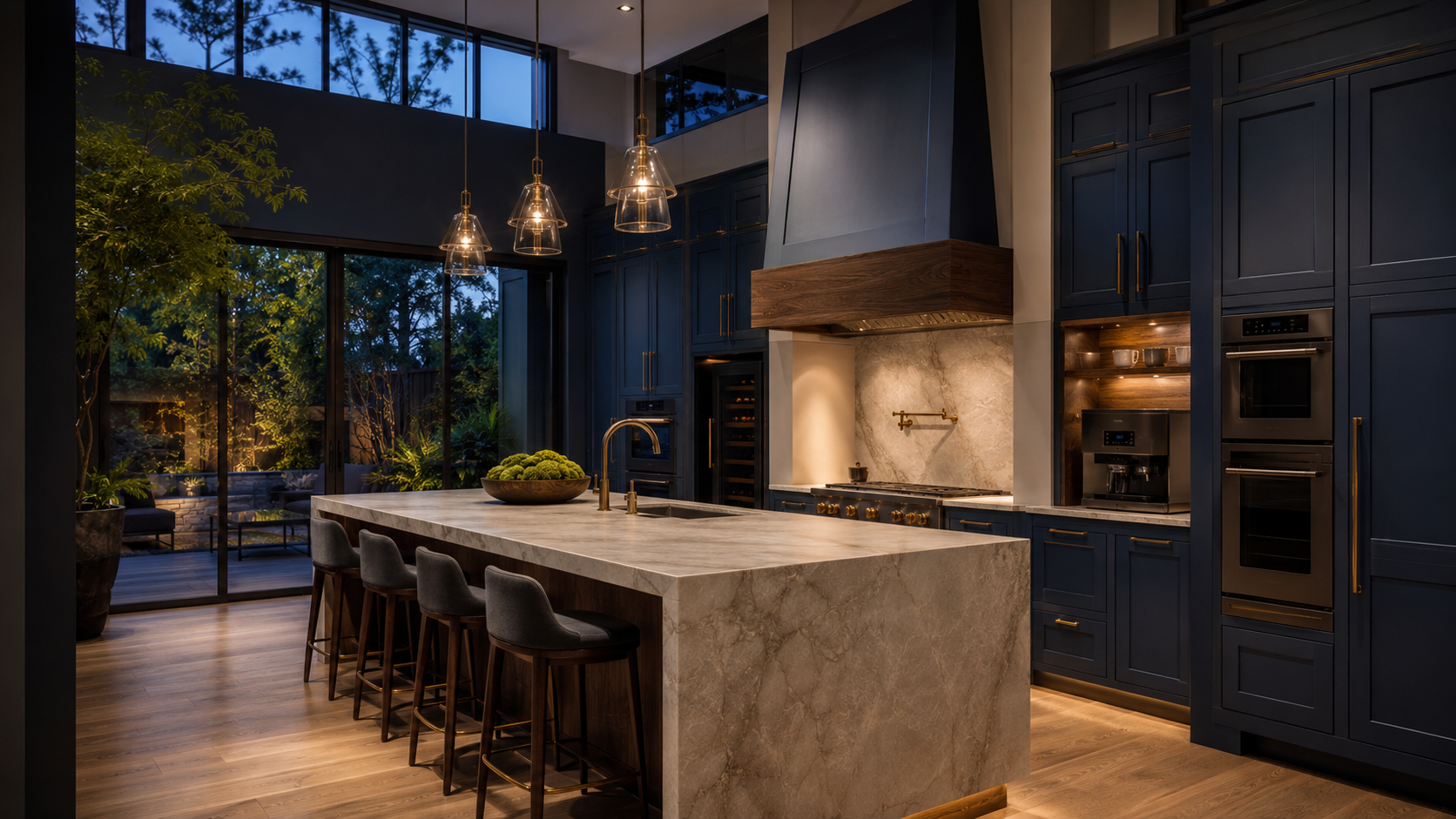 Concepto de cocina premium azul petróleo con detalles en latón