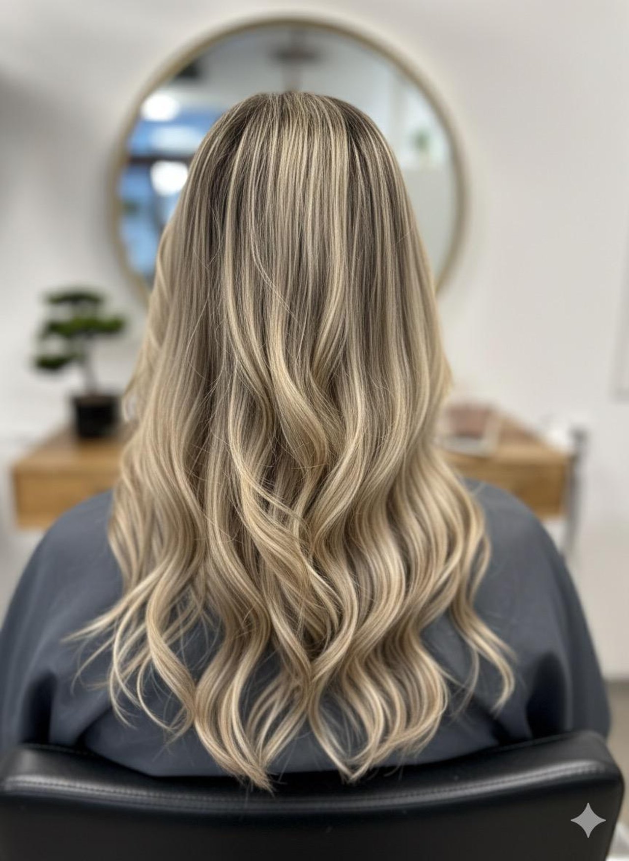 Rückansicht von langem, gewelltem Haar mit blonden Balayage-Highlights in einem Friseursalon.