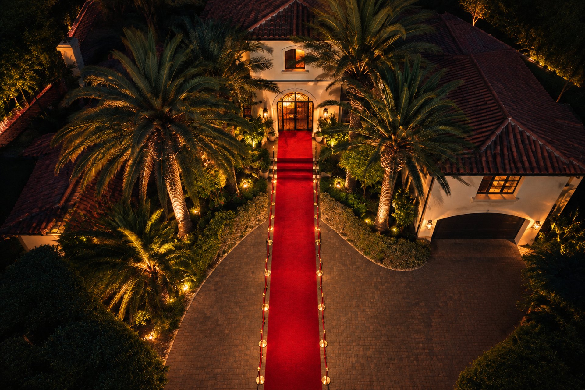 Red carpet leading to a lit estate entry at night
