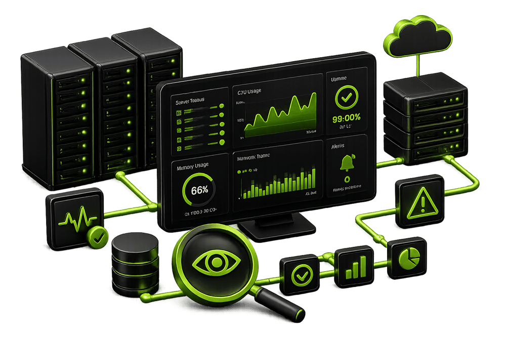Monitoring-Dashboard mit grünen Kurven neben vernetzten Server-Racks und Cloud-Symbol