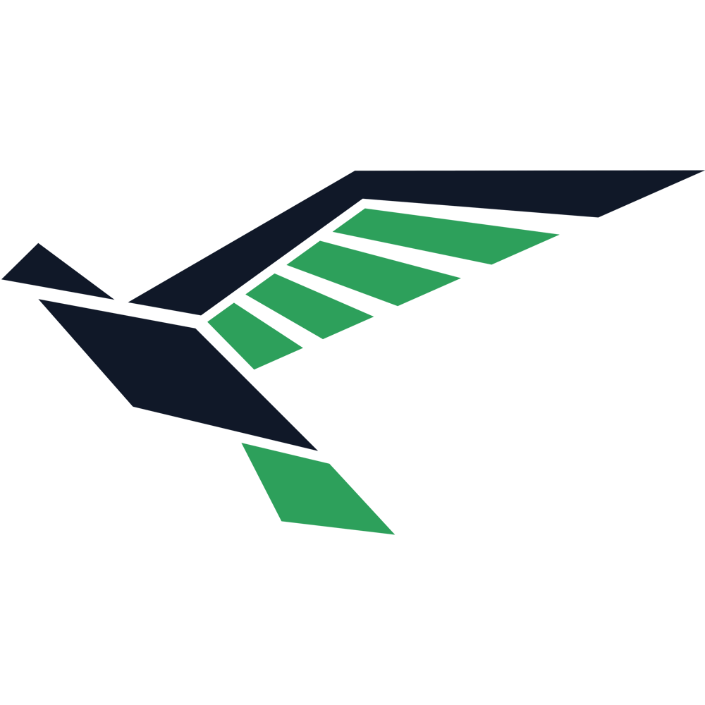 Abstraktes Vogel-Logo mit schwarzen und hellgrauen geometrischen Formen.