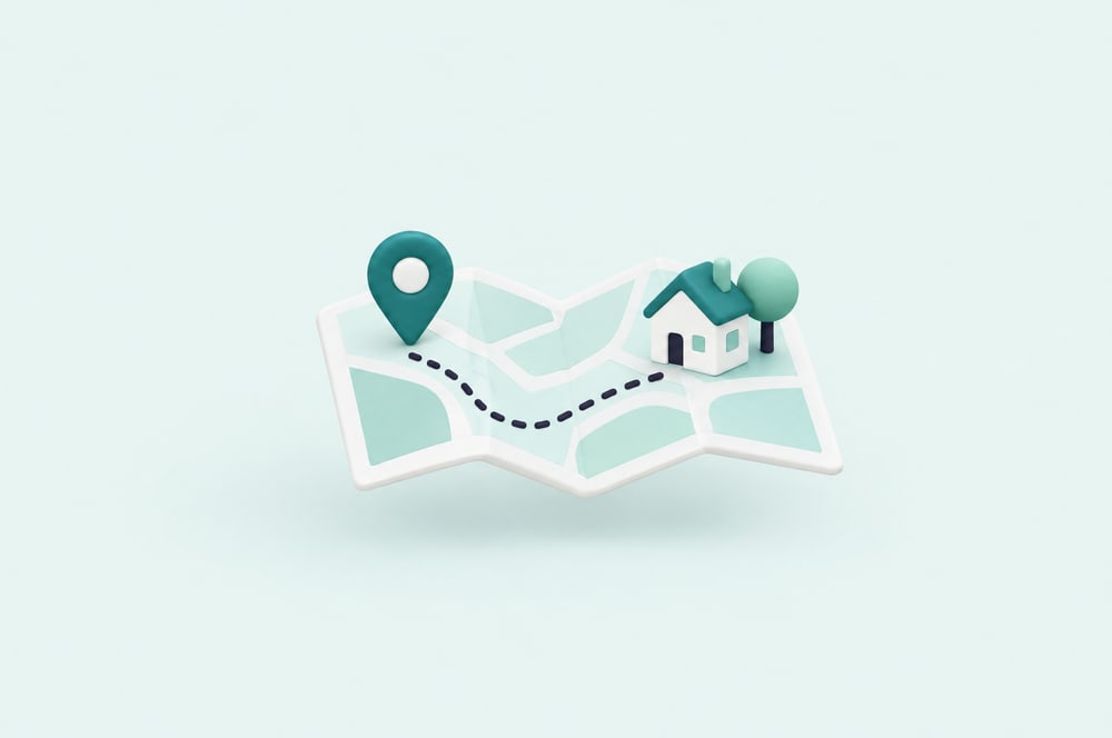 Illustration: Karte mit Route, Standort-Pin, Haus und Baum