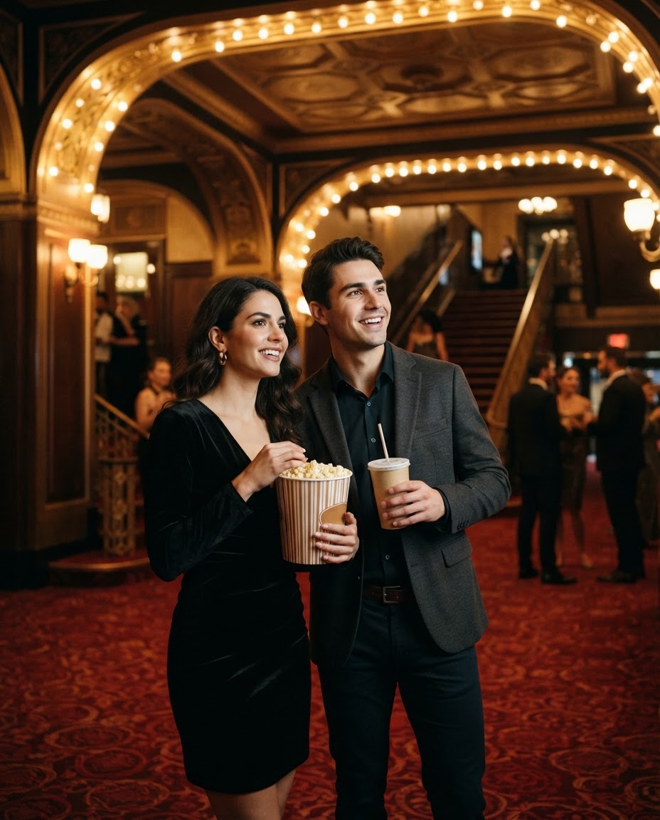 Paar mit Popcorn im Kino-Foyer blickt zur Display-Werbung