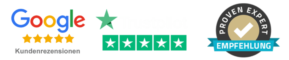 Logos von Google, Trustpilot und "Proven Expert Empfehlung" mit Sternbewertungen.