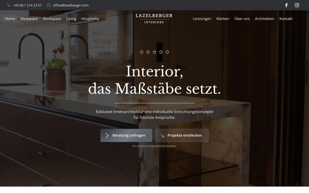 Startseite der Website von Lazelberger Interiors in Wien