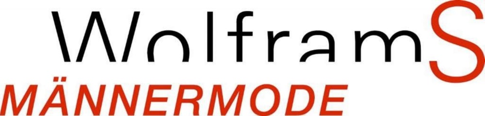 WolframS MÄNNERMODE Logo mit schwarzem Text oben und rotem Text unten.