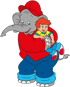 Grauer Elefant mit roter Kappe und Hemd, hält einen Jungen mit roten Haaren und gelbem Hemd.