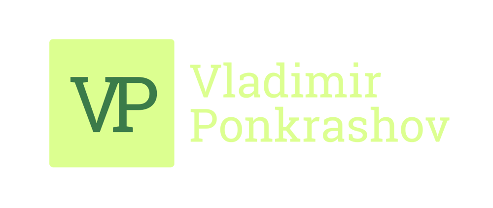 Logo mit den Initialen „VP“ in einem hellgrünen Quadrat und dem Namen „Vladimir Ponkrashov“ daneben.