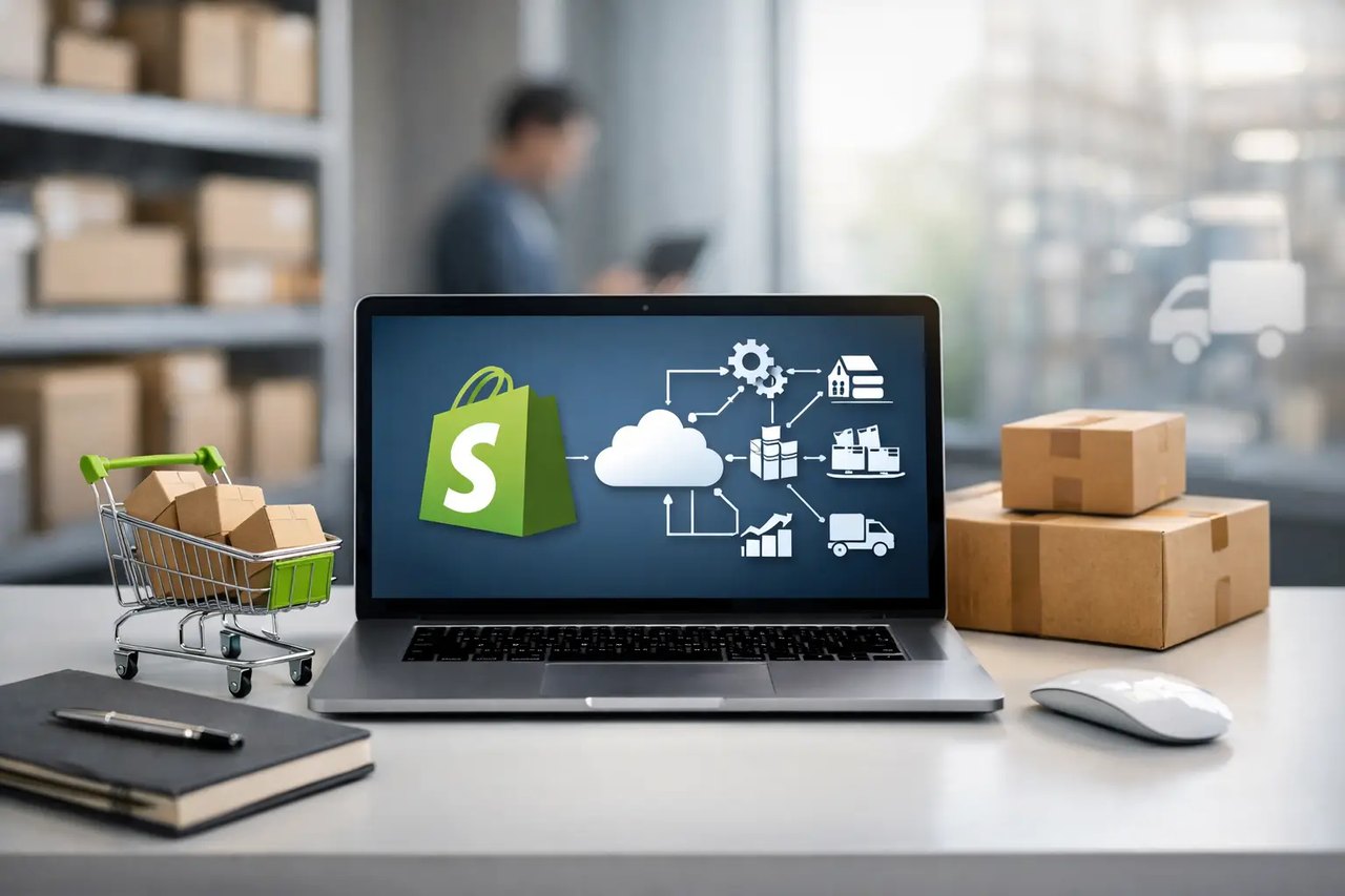 Laptop mit Shopify-Logo und Cloud-Logistik-Diagramm neben Paketen und einem Miniatur-Einkaufswagen in einem Lager.