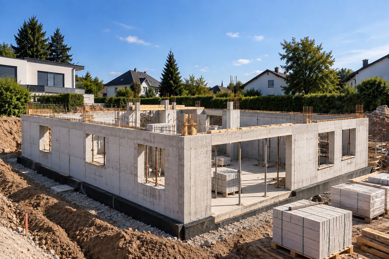 Bauphase 1 – Rohbau: Bodenplatte und Kellerwände in Sichtbeton mit Bewehrung