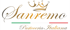 Goldfarbener Schriftzug „Sanremo Pasticceria Italiana“ mit einer Krone und den Farben der italienischen Flagge.