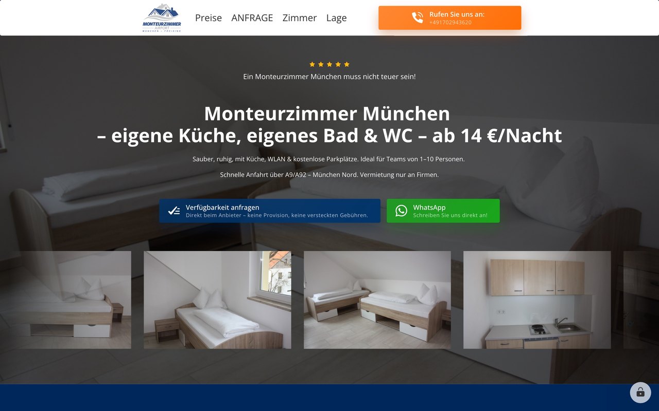 Die Anfrageseite von Monteurzimmer Freising
