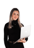 Young woman with long blonde hair, wearing a black turtleneck, holding an open silver laptop in her left hand.