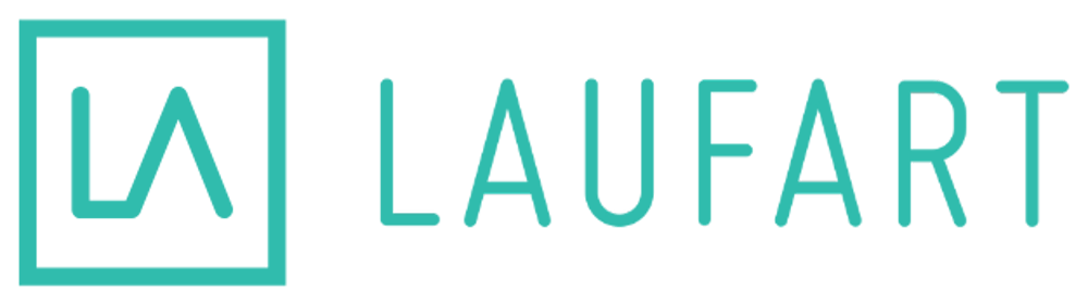 Türkises Laufart Logo mit den Buchstaben LA in einem Quadrat auf transparentem Hintergrund.