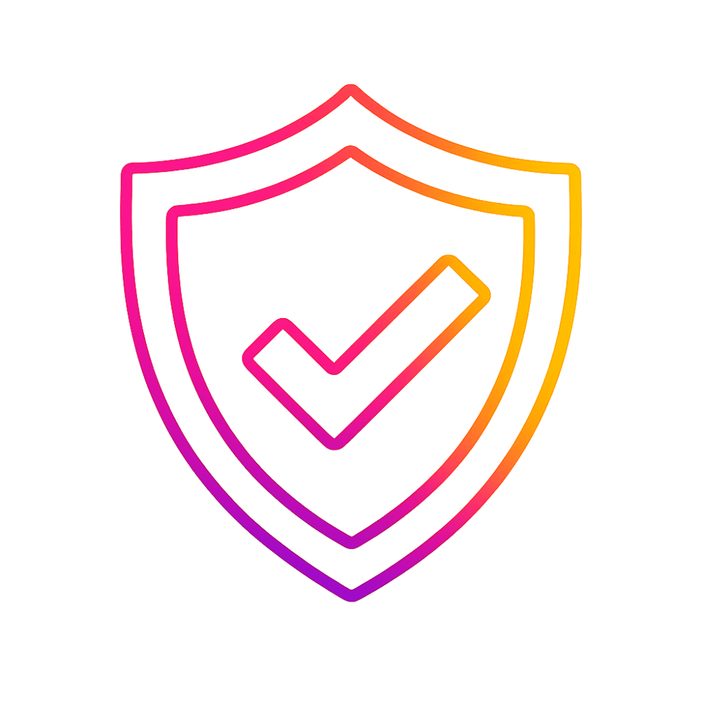 Gradient outline of a shield with a checkmark inside, glowing pink to orange.