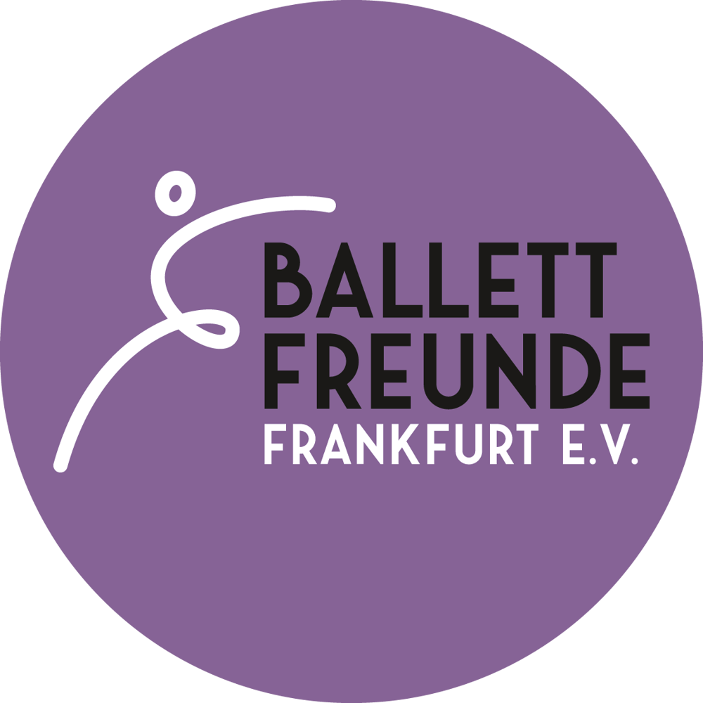 Lila Kreislogo mit weißer Tänzerfigur und schwarzem Text "BALLETT FREUNDE FRANKFURT E.V.". Frankfurt