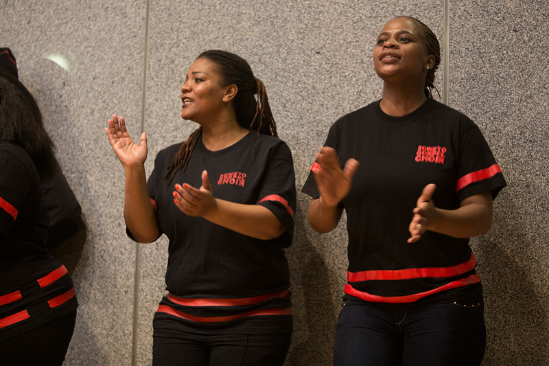 Soweto Gospel Choir members coaching the Holy in Ice workshop choir, Voices of Spirit 2014, Graz