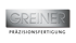 GREINER PRÄZISIONSFERTIGUNG Logo auf gebürstetem Metallhintergrund mit Schatteneffekt.