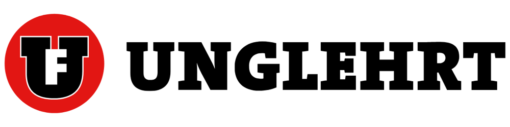 Logo: Roter Kreis mit schwarzem "U" und weißem "F" darin, daneben der schwarze Schriftzug "UNGLEHRT".