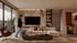 Modernes Wohnzimmer mit Marmorwand, weißem Sofa, dunklem Couchtisch und einer Frau, die vor einer großen Glasfront steht.