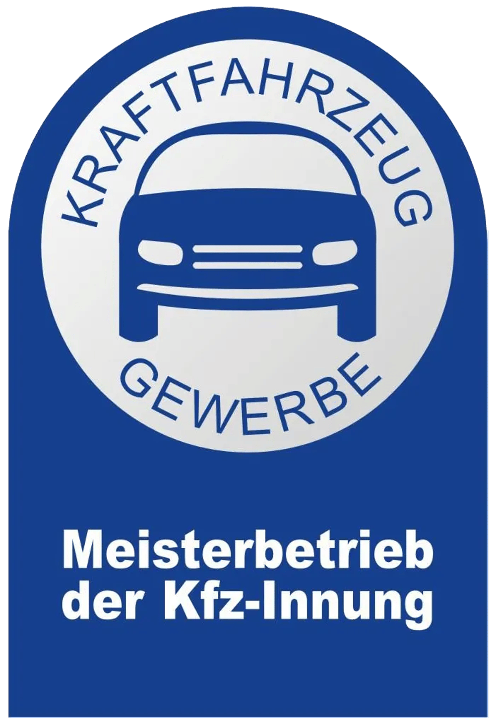 Blaues Logo mit stilisiertem Auto, Text "KRAFTFAHRZEUG GEWERBE" und "Meisterbetrieb der Kfz-Innung".