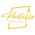 Gelbes Logo auf grünem Hintergrund: „Pastillo Noodle To-Go“ in Schreibschrift mit stilisiertem chinesischem Essstäbchen.