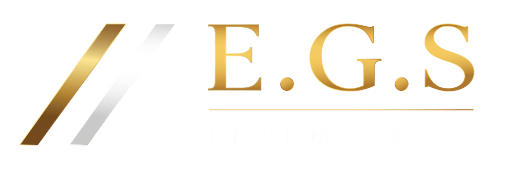 Logo mit zwei schrägen Balken in Gold und Silber und dem Text "E.G.S EDELMETALLE" in Gold.