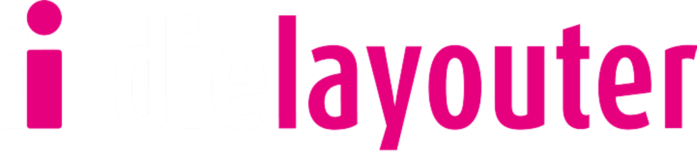 Logo von dieLayouter in Weiß und Pink auf schwarzem Hintergrund mit zwei stilisierten Figuren links.