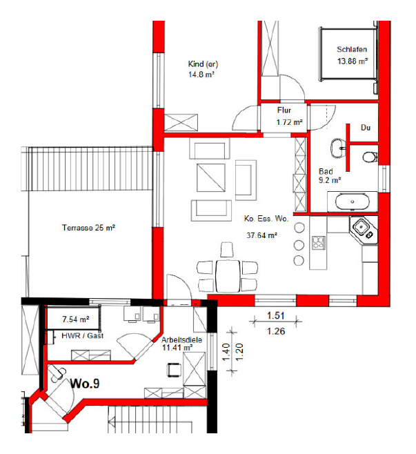 Grundriss WE 09 – 4-Zimmer-Wohnung, ca. 104,4 m² mit Dachterrasse