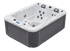 Grauer und weißer Whirlpool mit mehreren Düsen und Sitzen.