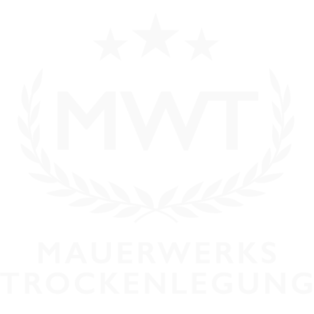Grünes Logo mit Lorbeerkranz, drei Sternen und dem Text "MWT Mauerwerks Trockenlegung" in Weiß.
