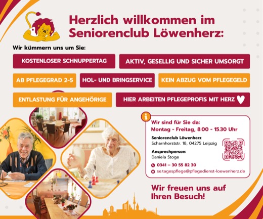 Vorhandenes Werbeplakat des Seniorenclubs Löwenherz mit Tagespflegeangebot, Räumen, Fahrdienst und Einladung zum Schnuppertag.