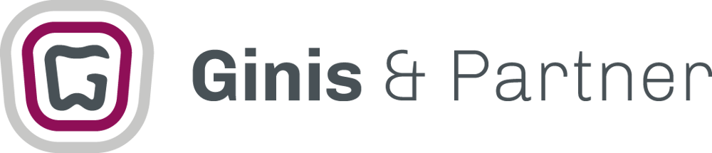 Logo von Ginis & Partner mit einem Zahn-Icon in quadratischen Rahmen auf schwarzem Hintergrund.